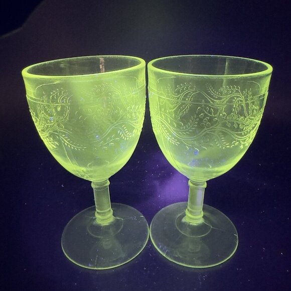 Antique EAPG Capitola Barley Goblet Bryce Higbee Clear Cups Manganese 365nm Set2 - Picture 2 of 16